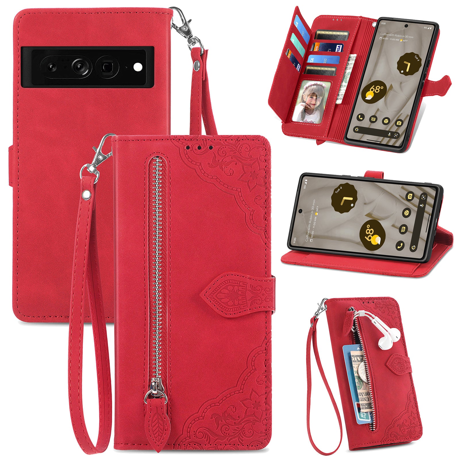Protective Phone Cover For Google Pixel 7a Flower Imprinted Pattern PU Leather Zipper Pocket Drop-proof Phone Case with Wallet Stand Protective Phone Cover For Google Pixel 7a Flower Imprinted Pattern PU Leather Zipper Pocket Drop-proof Phone Case with Wallet Stand